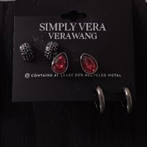 VERA WANG 3pc SET Gunmetal + Black Crystals/Red Teardrop Crystal/Hoop Earrings